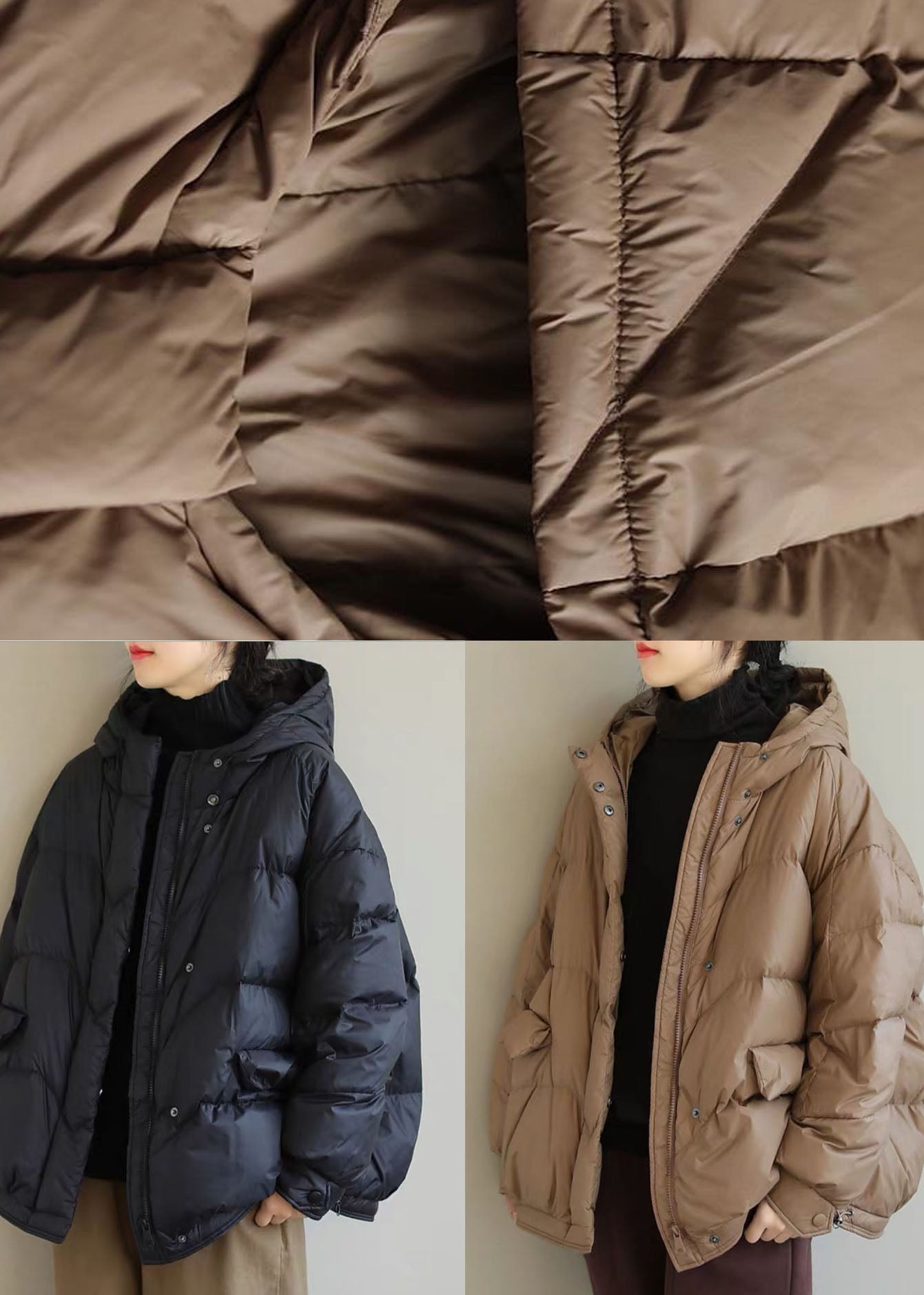 Diy Black Hooded Zip Up Drawstring Duck Down Down Coat Winter
