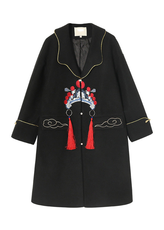 Diy Black Notched Embroideried Button Woolen Trench Coats Winter