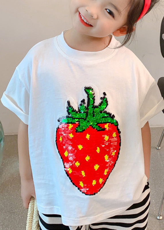Diy Black O-neck Strawberry Print T Shirt Short Sleeve