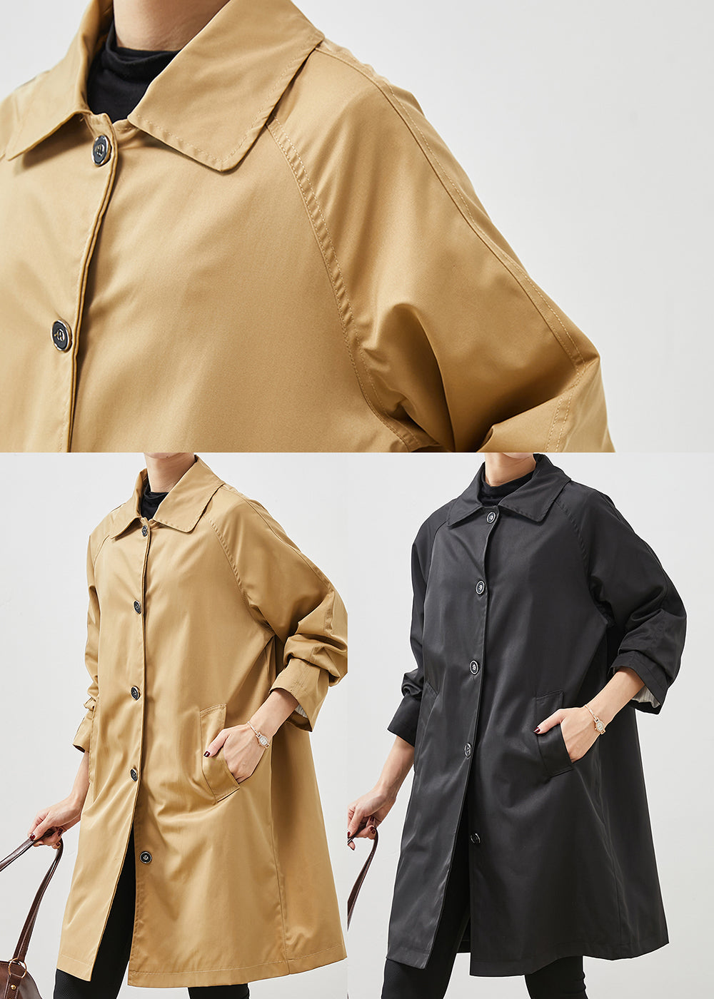 Diy Black Oversized Pockets Cotton Trench Spring