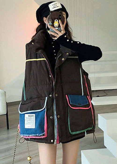 Diy Black Zip Up Denim Patchwork Pocket Fine Cotton Filled Puffers Vests Winter