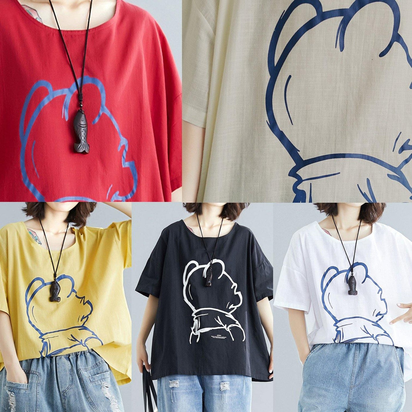 Diy Cartoon Print Cotton Linen Tops Outfits Red O Neck Blouses Summer