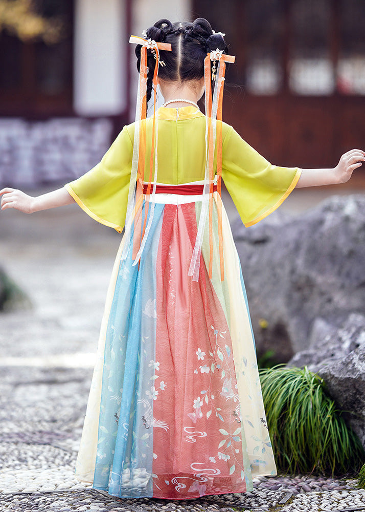 Diy Green Embroideried Patchwork Tie Waist Tulle Kids Long Dresses Short Sleeve