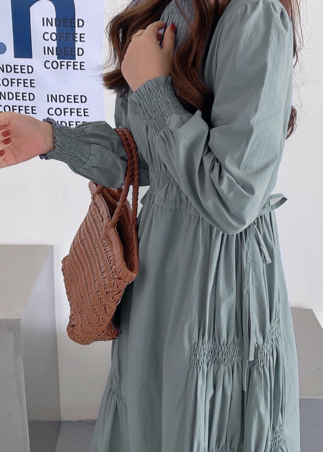 Diy Light Blue Stand Collar Wrinkled Patchwork Cotton Dresses Spring