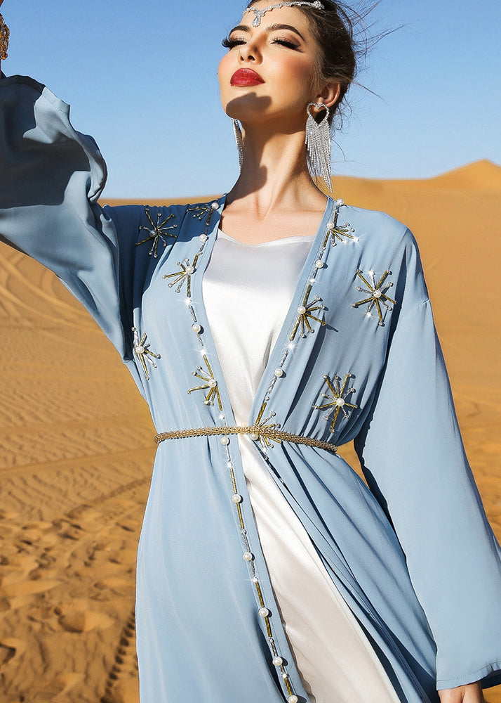 Diy Light Blue V Neck Embroideried Button Maxi Holiday Silk Cardigans Fall