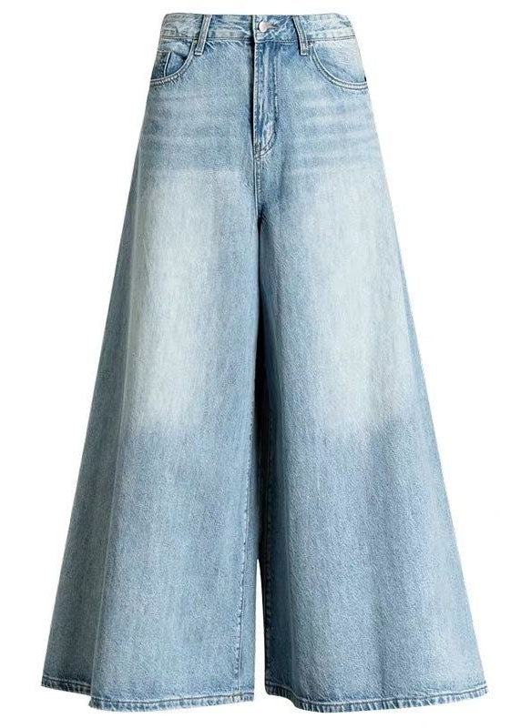 Diy Light Blue-chrysanthemum Pockets Wide Leg Fall Denim Pants