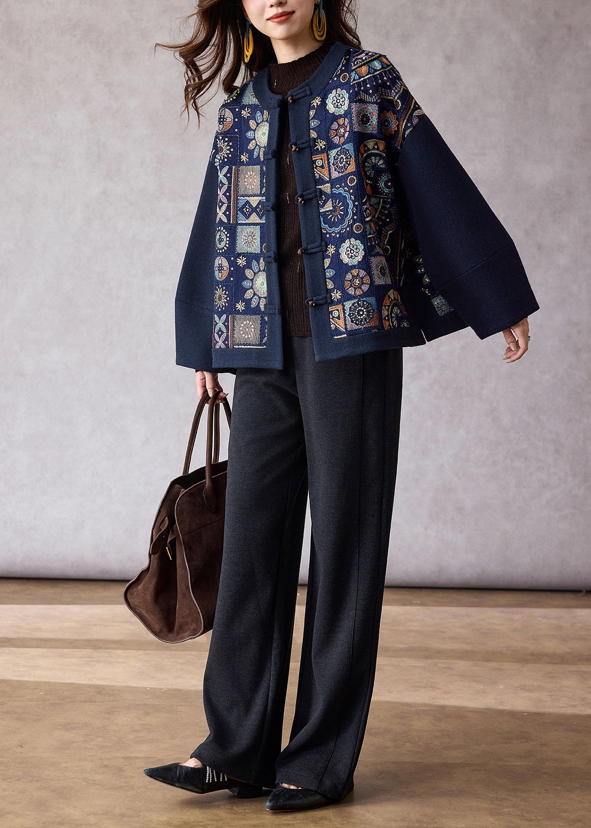 Diy Navy Embroidered Patchwork Woolen Jacket Spring