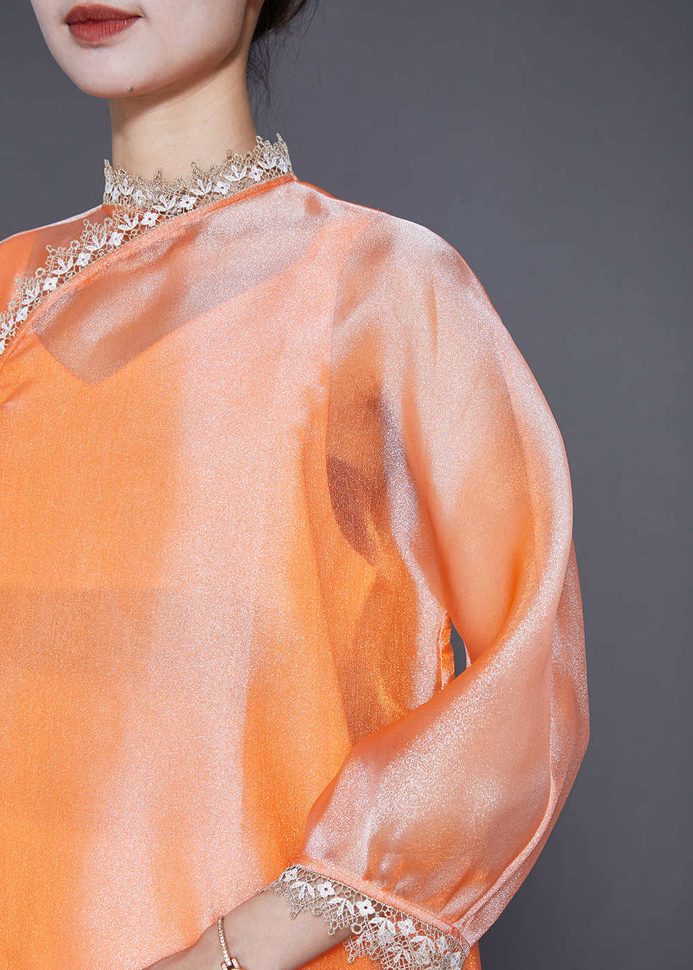 Diy Orange Stand Collar Lace Patchwork Silk Dress Bracelet Sleeve