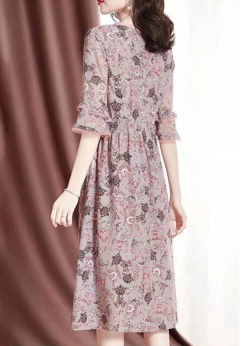 Diy Pink V Neck Lace Patchwork Print Chiffon Maxi Dresses Summer