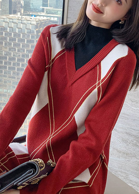 Diy Red O-neck Side Open Knit Dress Winter