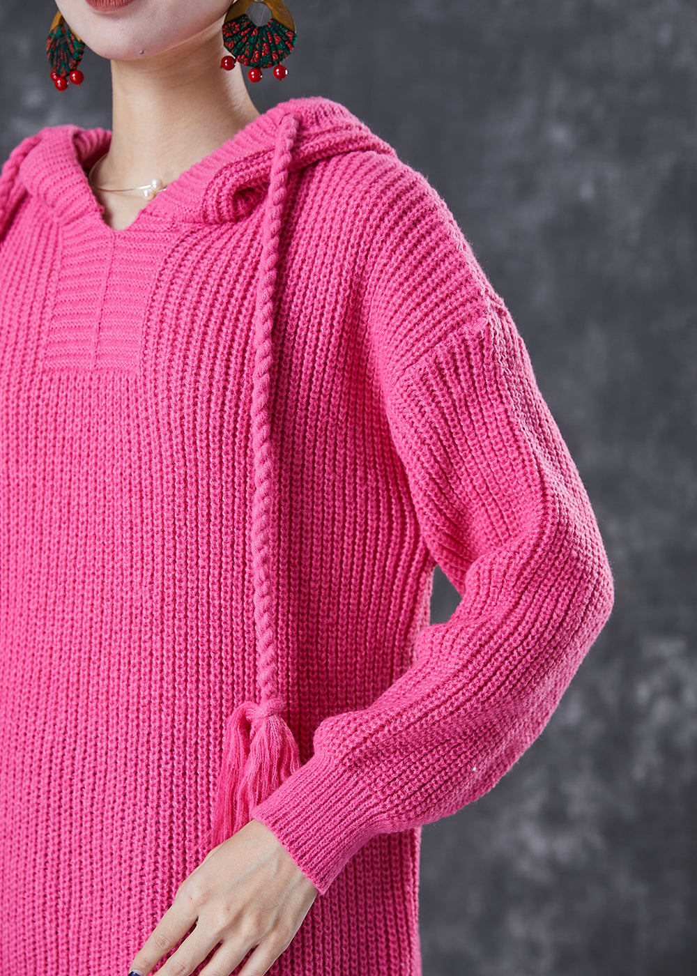 Diy Rose Hooded Drawstring Knit Pullover Sweatshirt Dress Fall