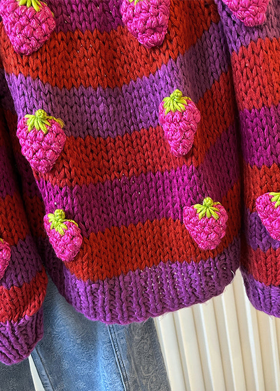 Diy Rose Striped Strawberry Decorated Knit Sweaters Winter