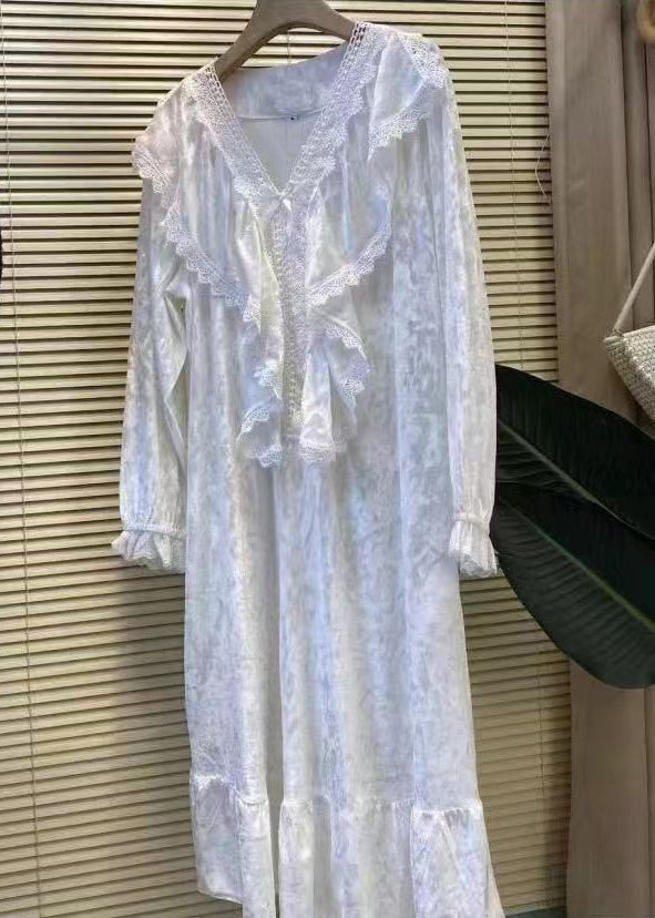 Diy White V Neck Lace Patchwork Silk Velvet Maxi Dresses Spring