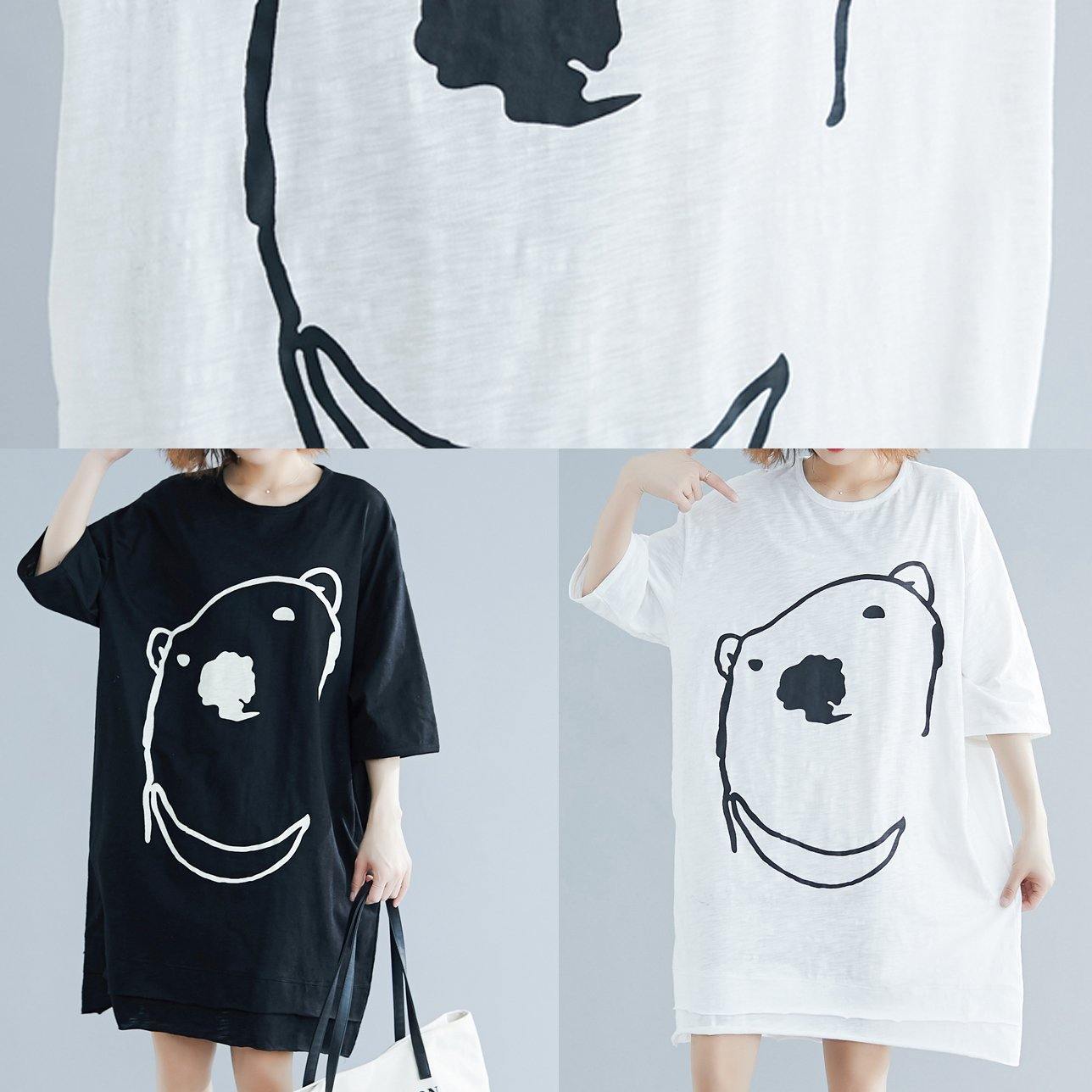 Diy Black Cartoon Print Cotton Tunics O Neck Art Summer Dress