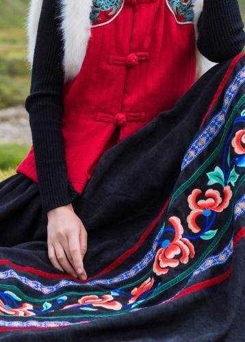 Diy Black Cotton Quilting Clothes Pleated Tunic Embroidery Skirt