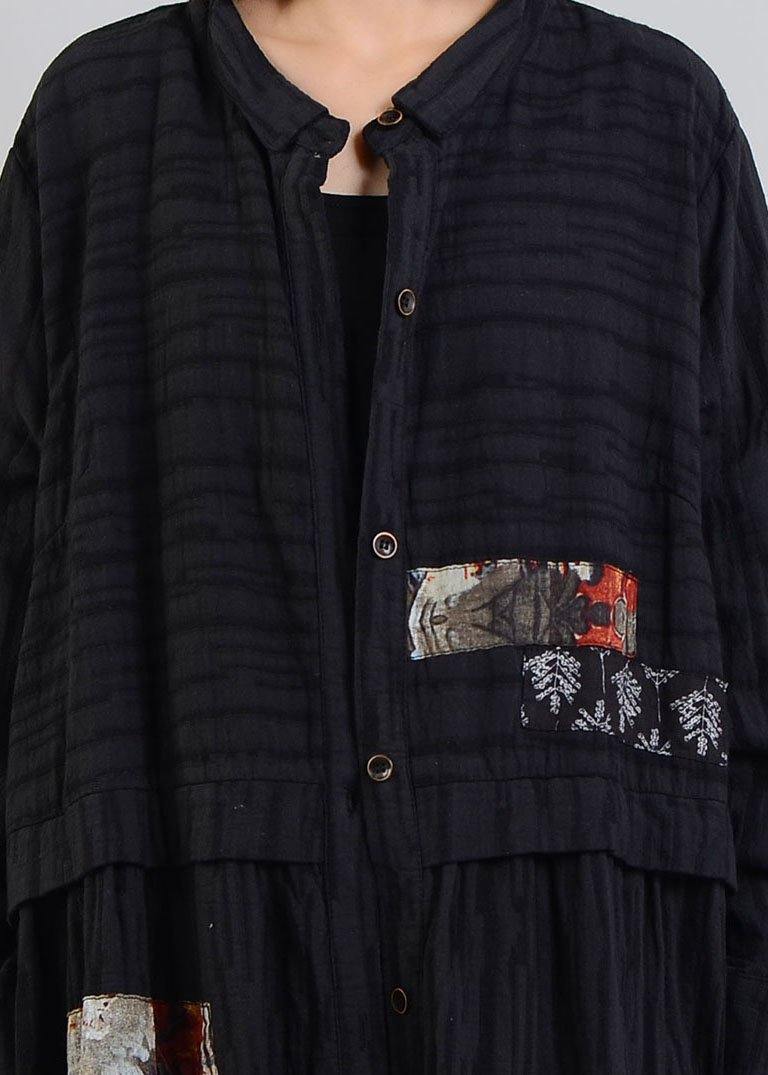Diy Black Linen Cotton Coat Patchwork Cinched Cotton Robes Fall Coat