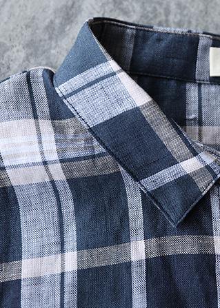 Diy Blue Gray Plaid Linen Clothes for Lapel Loose Summer Top