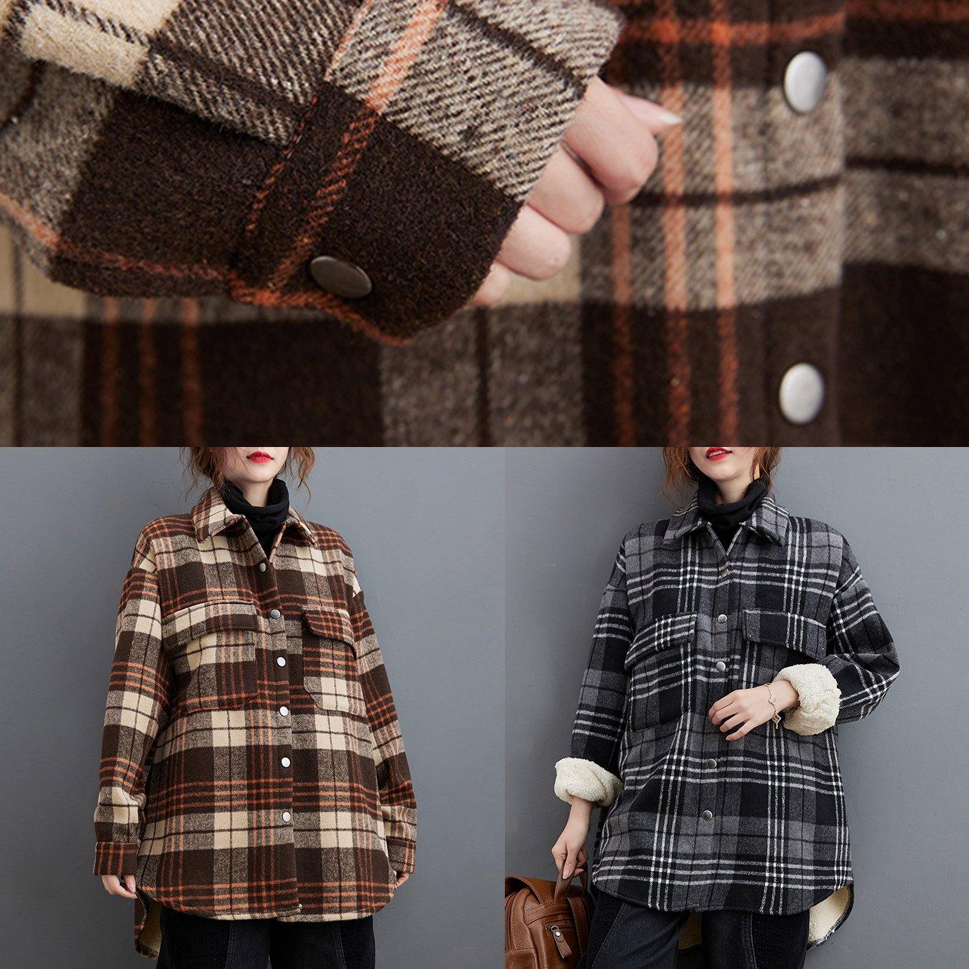 DIY gray plaid clothes lapel pockets baggy shirts
