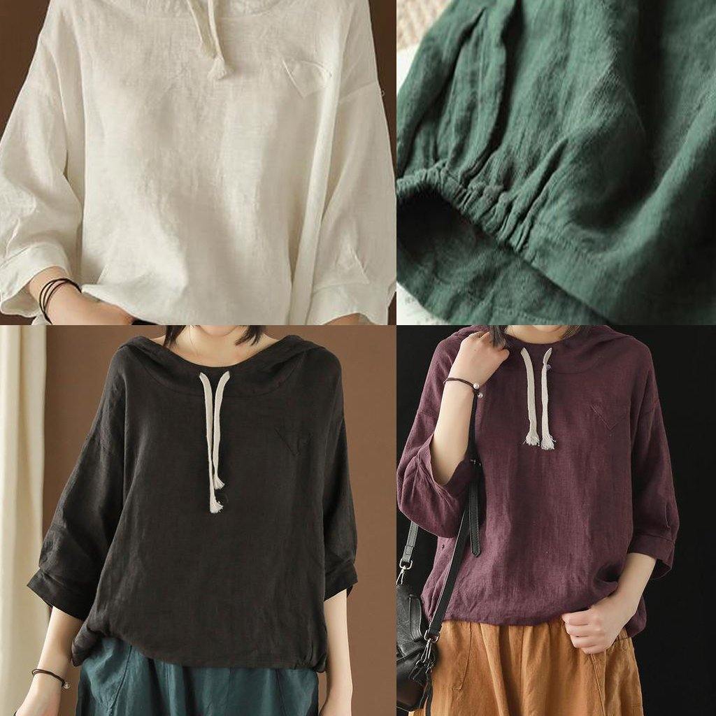 Diy Tunic Top Linen Summer Literary Army Green Hooded Three Quarter Sleeve T-shirt