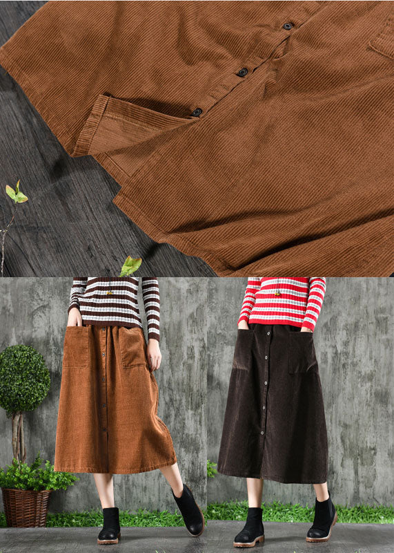 Dark Brown Corduroy Skirts Elastic Waist Button Winter