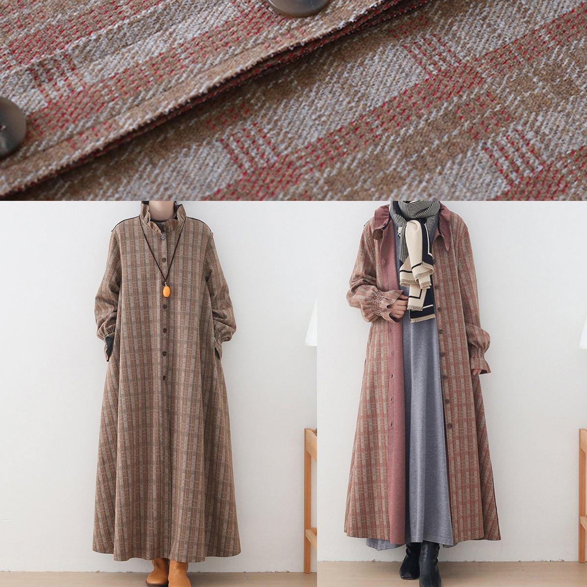 Medium Length Jackets Jacket Pink Plaid Stand Collar Button Down Wool Overcoat