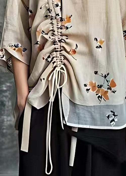 Apricot Print Lace Up Cotton Blouses Half Sleeve