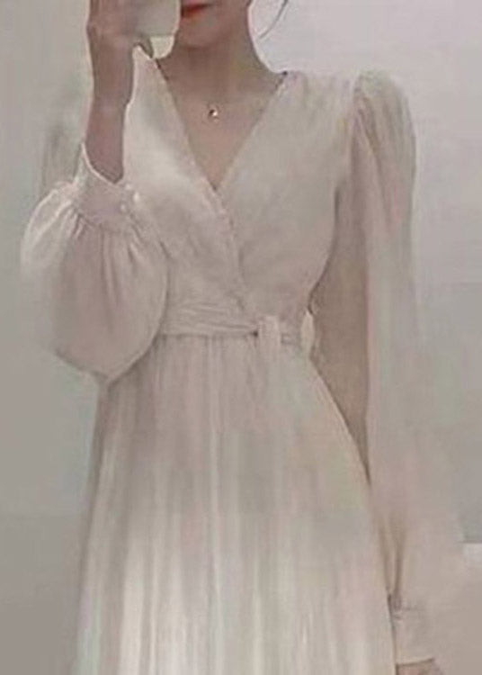 Apricot V Neck Tie Waist Chiffon Long Dress Spring