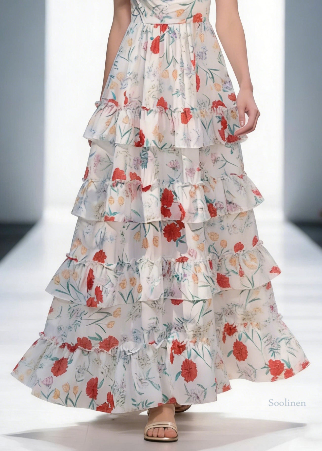 Backless Print Ruffled Cotton Spaghetti Strap Dress Sleeveless