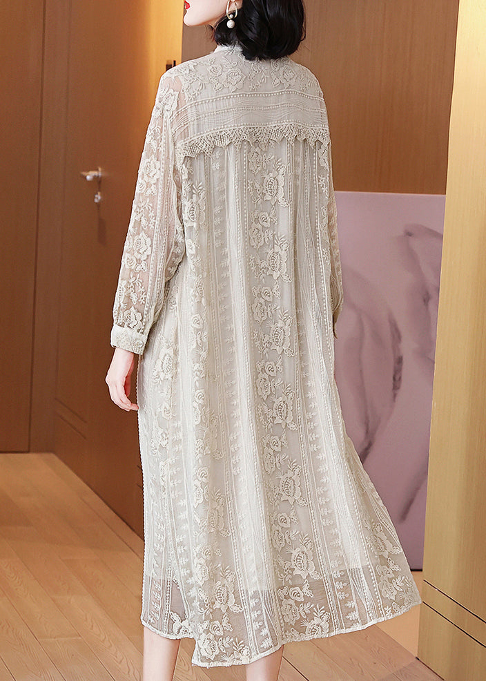 Beige Embroidered Button Silk Long Dresses Long Sleeve