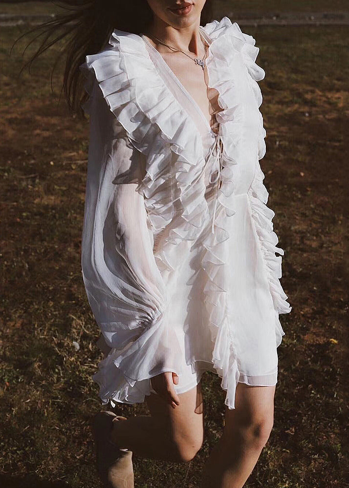 Beige Ruffled Lace Up Chiffon Mini Dresses Flare Sleeve