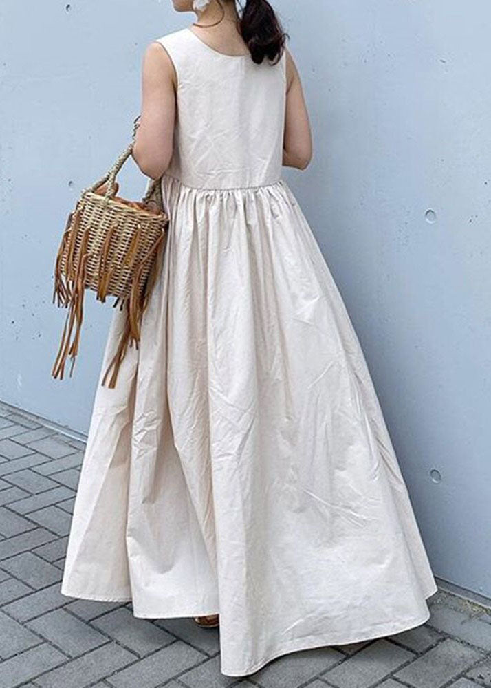 Beige V Neck Patchwork Cotton Holiday Dress Sleeveless