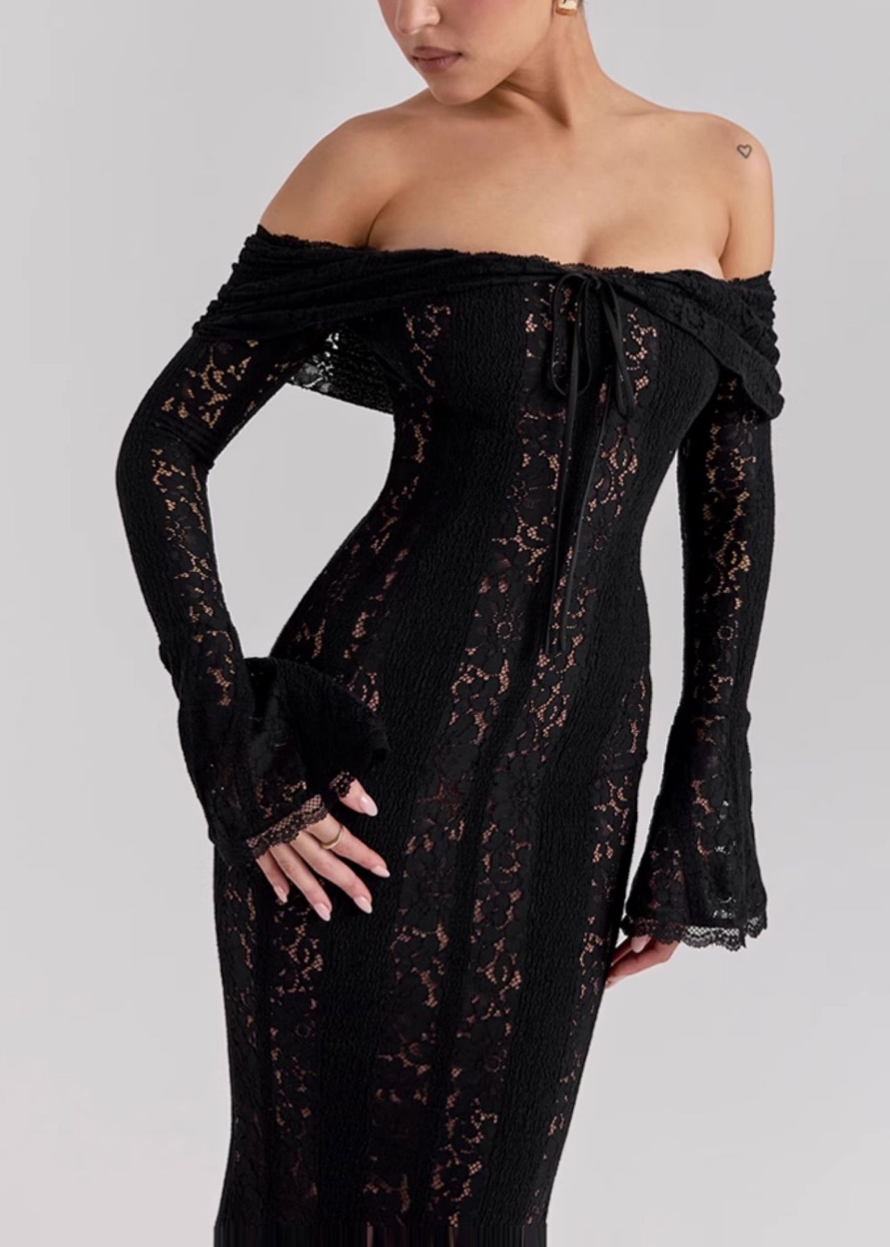 Black Cold Shoulder Lace Strapless Dress Summer