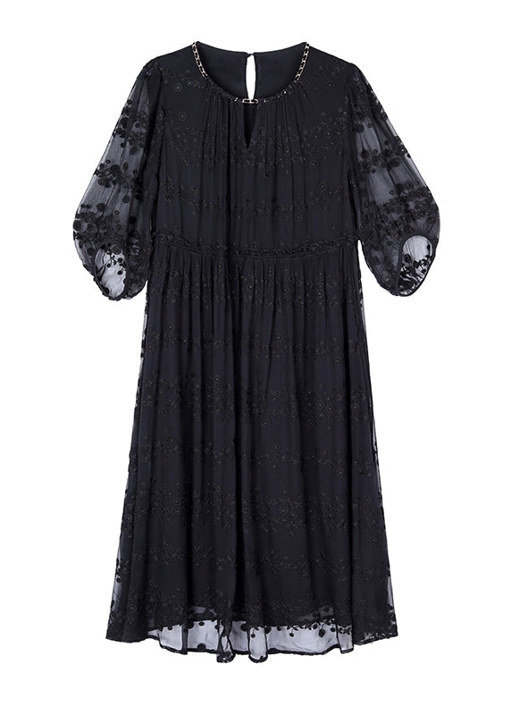 Black Embroidered Silk Long Dresses Bracelet Sleeve