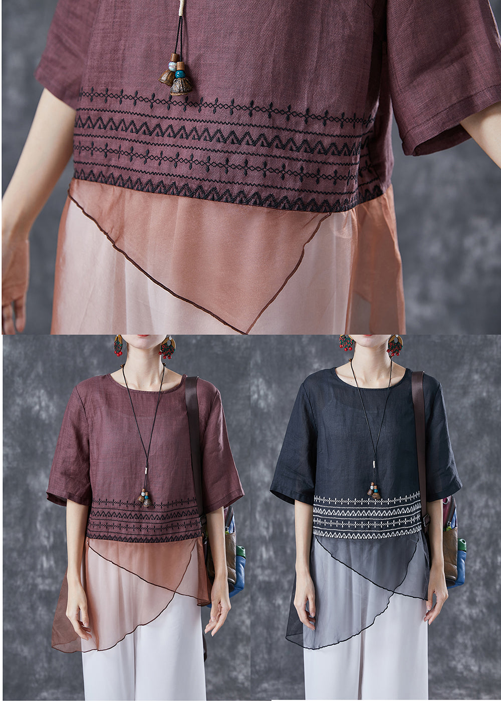 Black Embroideried Tulle Patchwork Linen Top Summer
