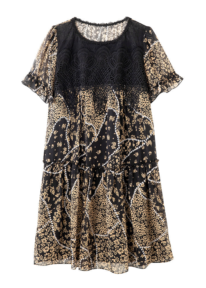 Black O Neck Lace Patchwork Print Chiffon Dress Summer
