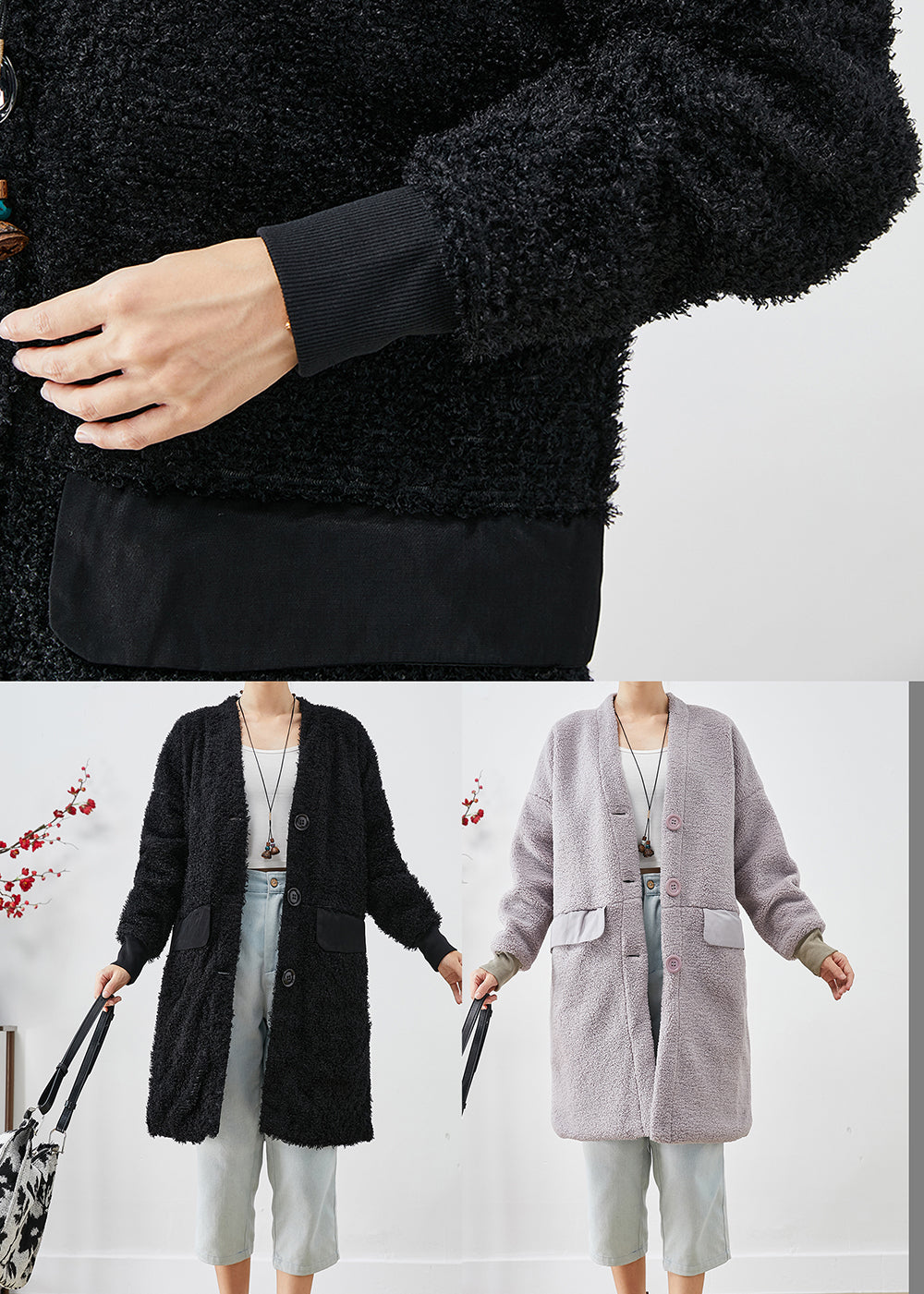 Black Oversized Patchwork Faux Fur Teddy Coat Fall