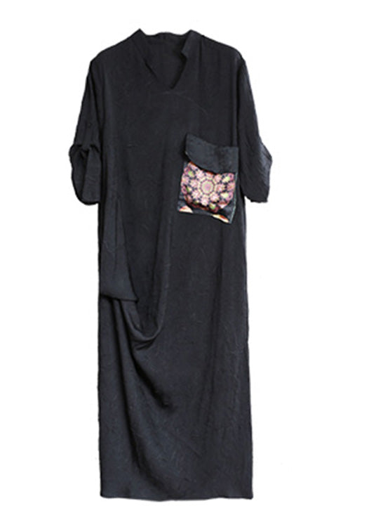 Black Print Patchwork Linen Maxi Dress Half Sleeve