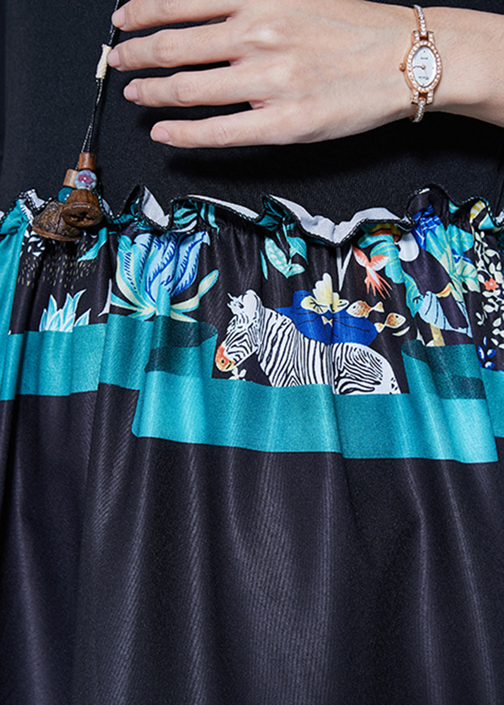 Black Ruffled Patchwork Print Cotton Dress Summer
