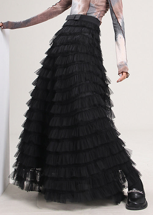 Black High Waist Tulle Pleated Skirt Spring