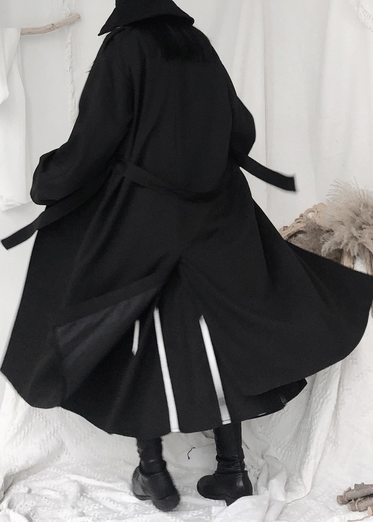 Black Stand Collar Tie Waist Button Trench Coats Long Sleeve