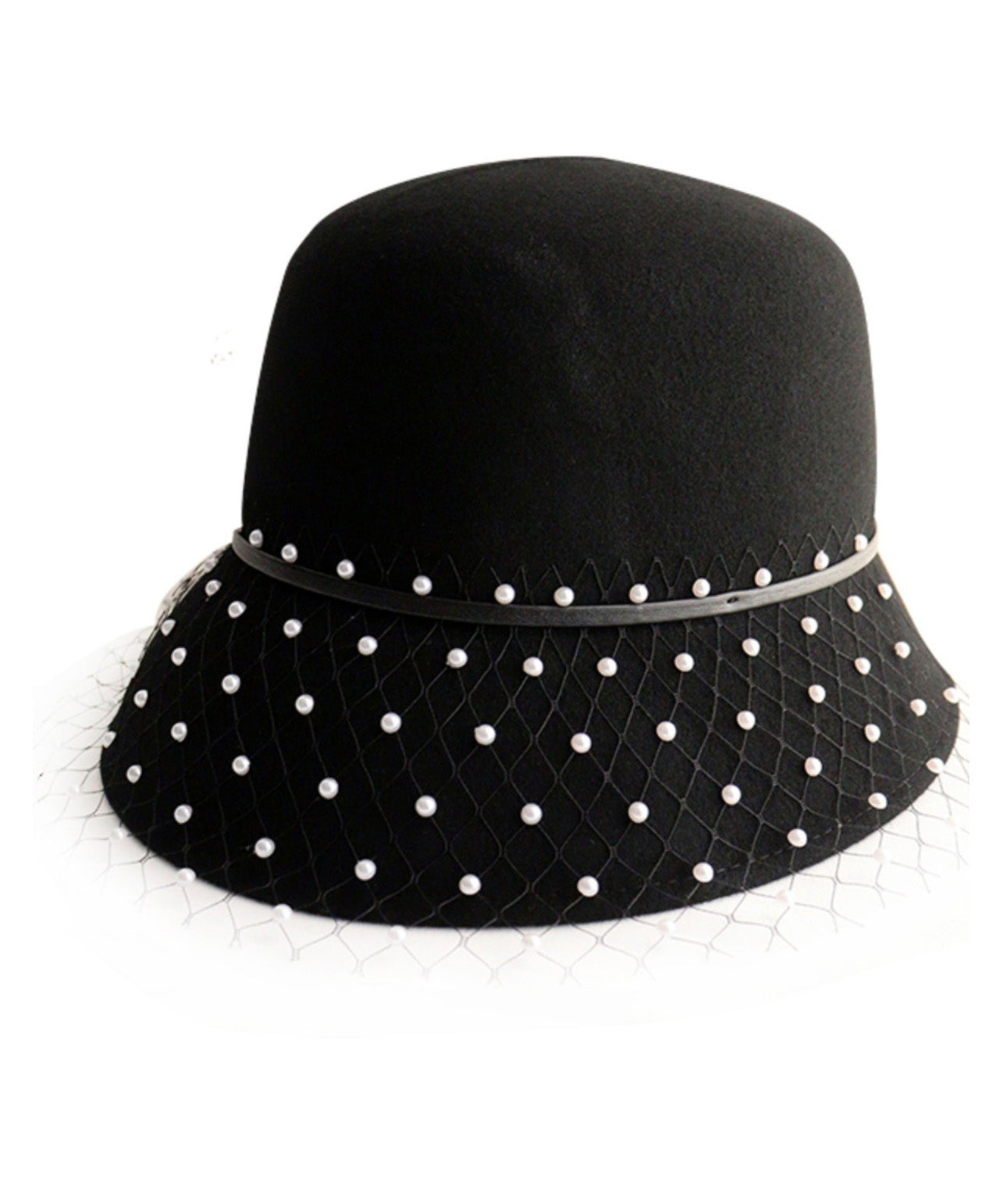 Black Tulle Nail Bead Woolen Bucket Hat