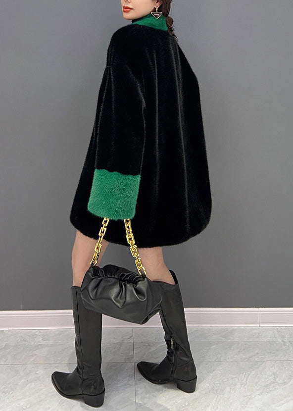 Black V Neck Button Mink Velvet Thick Coats Winter