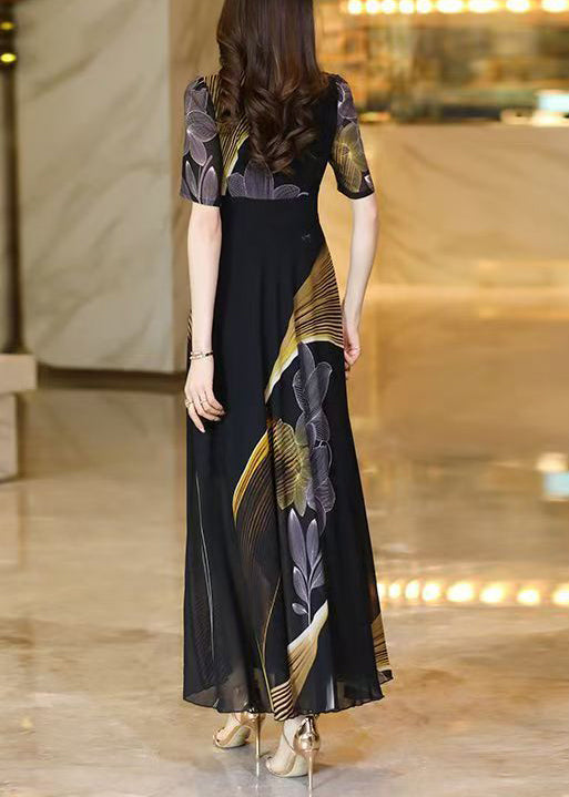 Black V Neck Print Chiffon Long Dresses Summer