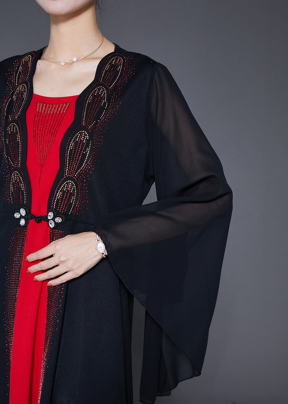 Black Zircon Patchwork Chiffon Fake Two Piece Dress Cloak Sleeves