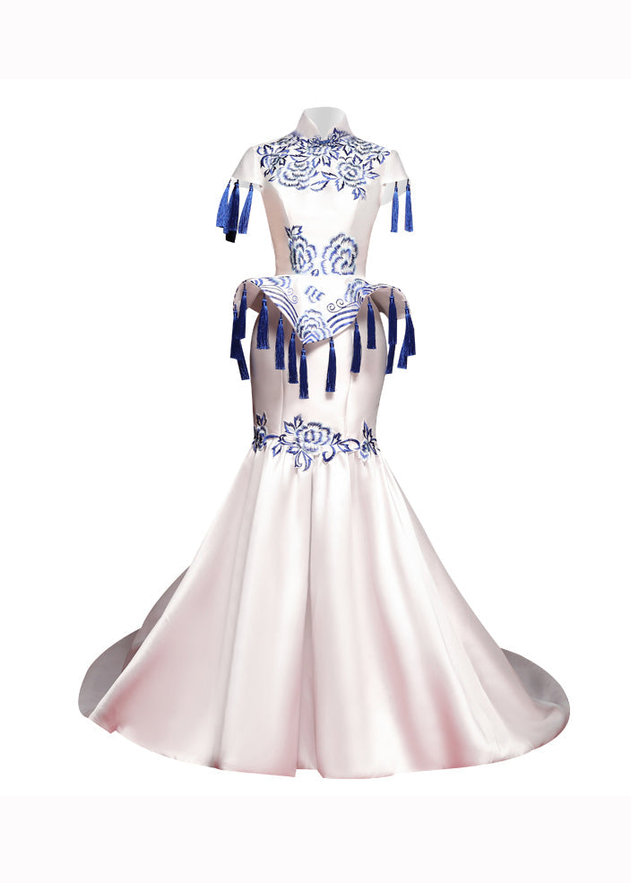 Blue and White Porcelain Tassel Embroidered Long Dress Short Sleeves
