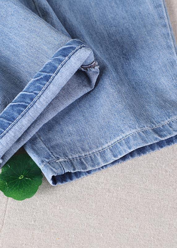 Blue Elastic Waist Pockets Harem Summer Cotton Pants