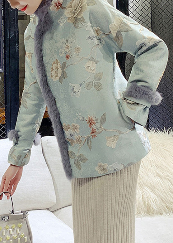 Blue Fur Collar Embroideried Warm Fleece Parka Winter