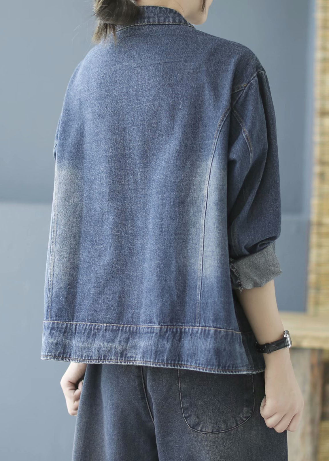 Blue Pockets Button Patchwork Fall Denim Long Sleeve Coat