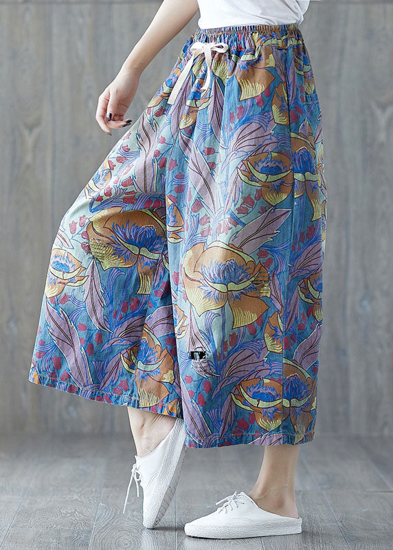 Blue Pockets Print Wide Leg Crop Pants Summer