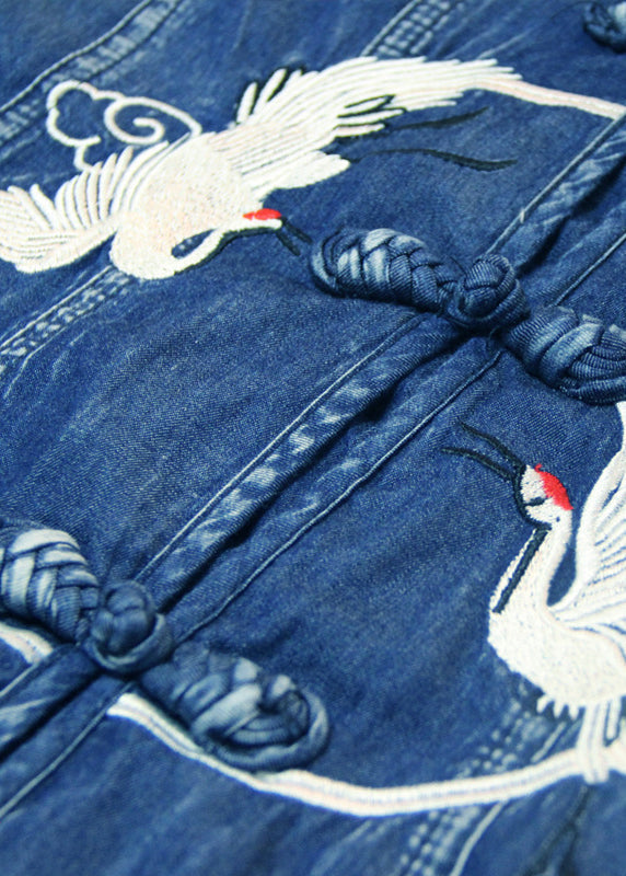 Blue V Neck Embroideried Button Cotton Denim Long Dresses Long Sleeve